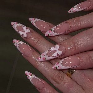 French Strawberry Press On Nails Pink Almond Nail Tips With 3D Bowknot Lace Design Sweet Pastoral Style Fake Nails For Women