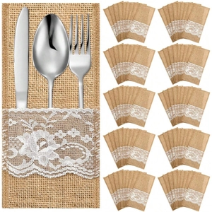 Rustic jute burlap cutlery pouch with white lace edge for wedding or party tableware