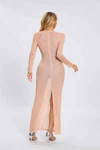 Detail view of the back of a nude mesh gown featuring heavy rhinestones and back slit