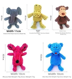 Detailed size specifications for corduroy plush dog chew toys in various animal shapes