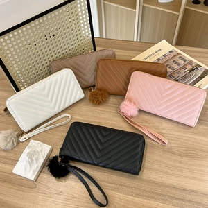 Women PU Leather Long Zipper Wallet Chevron Quilted Clutch Purse With Pom-pom Charm And Wristlet Large Capacity