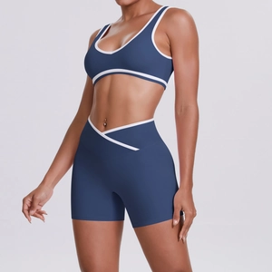 Detail of high-elasticity yoga set showing double-sided brushed fabric and contrast trim