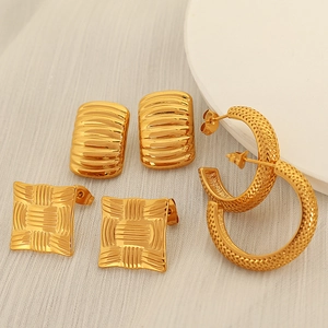 Vintage Stainless Steel Geometric Earrings Woven Texture Square Hoop C Shaped Exaggerated Retro Jewelry For Women