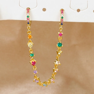 18K gold plated double hoop ear chain earrings with colorful rainbow cubic zirconia