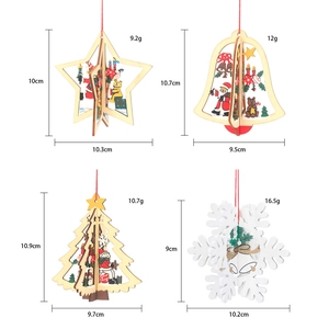 Vue détaillée des ornements de Noël en bois 3D avec spécifications de taille et poids
