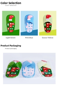 Three-color Christmas slipper dog toys in green, blue, and yellow with gift packaging