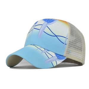 Berretto da baseball con coda di cavallo con motivo floreale blu e rete per protezione solare