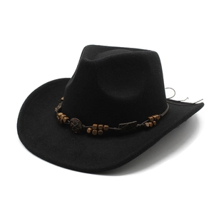 Classic black wool felt cowboy hat with ethnic style braided band and wooden beads