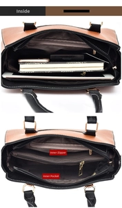 Detail view of large tote interior compartments with inner zipper and slip pockets