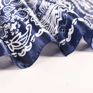 Blue paisley satin square scarf with luxurious silk-like glossy texture for autumn winter