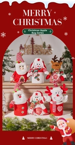 Detailed knitted Christmas gift bags featuring Santa, snowman, and reindeer characters