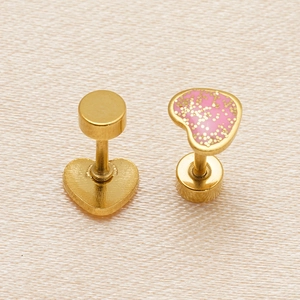 Pink heart studs with gold plating and glitter dots in minimalist stainless steel