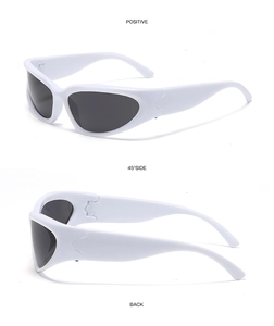 Three-way view of white sports cycling sunglasses from front, side and back angles