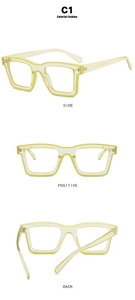 Three views of square TR90 translucent light green eyeglass frames with durable hinges
