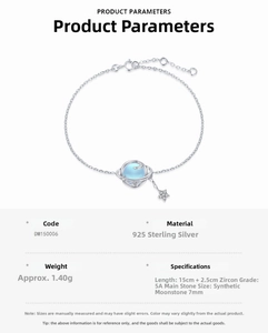 Detailed specifications of the S925 sterling silver moonstone and star bracelet