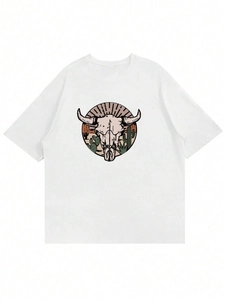 Detailed view of western retro bull skull and cactus graphic print on white cotton T-shirt