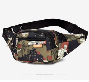 Close-up of waterproof camouflage tactical waist bag with adjustable strap and sport tag