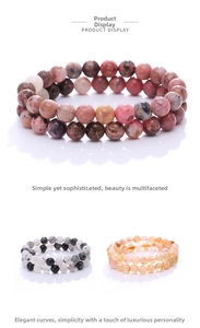 Detail showing natural gemstone beaded bracelets in pink, black, and orange mineral styles