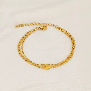 Gold double-layered stainless steel Hamsa Hand charm bracelet with an adjustable link chain