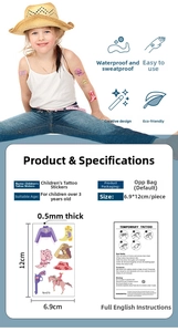Detailed size specifications for waterproof cowboy theme kids temporary tattoos