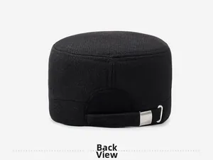 Back view of black wool cadet cap featuring adjustable silver metal buckle detail