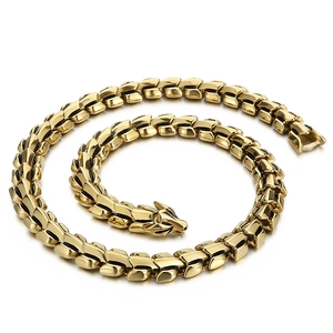 Men's punk style gold dragon head chain necklace in polished stainless steel finish