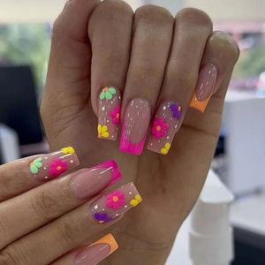 Press On Nails Mid Long Square Shape Colorful French Tips 3D Flower Print Artificial Fake Nails For DIY Manicure