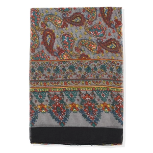Close-up of bohemian paisley pattern and floral border on gray voile scarf