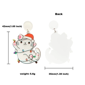 Detailed size and weight view of acrylic Christmas cat earrings with festive light pattern