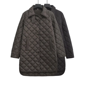 Detailed view of diamond-quilted jackets in dark brown and black with lapel collars