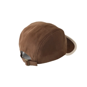 Brown 5-panel camp hat for toddlers with cream-colored brim and adjustable metal buckle