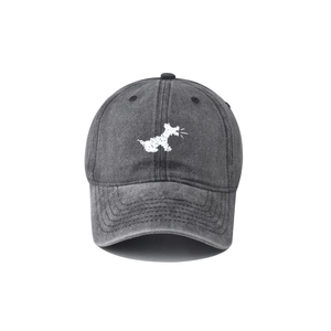Detail of grey washed cotton baseball cap with white cartoon puppy embroidery on the front