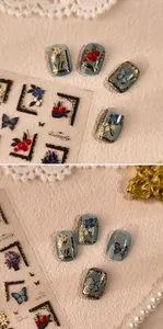 Detail of butterfly and floral oil painting style embossed nail art stickers