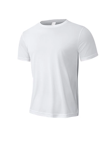 Detail of white polyester fitness shirt showing round neck collar and size L neck label