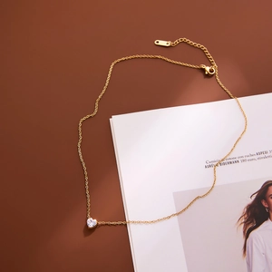18k gold plated heart necklace with birthstone cubic zirconia on dainty O-chain link