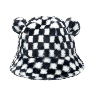 Fuzzy checkerboard bucket hat with cute bear ears in plush black and white design