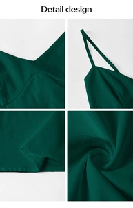Detail design showing the V-neck, thin straps and dark green linen fabric texture