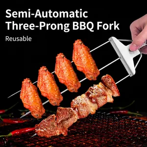 Three-prong semi-automatic stainless steel BBQ skewers with grilled meat and chicken wings