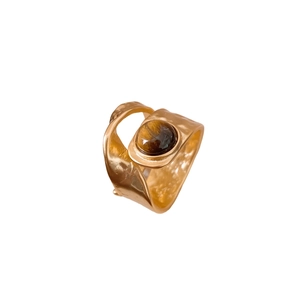 Vintage gold layered ring with irregular hammered texture and round tiger eye stone center