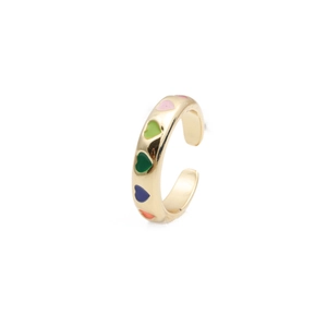 Adjustable gold open ring with colorful enamel heart charms in vibrant contrasting colors