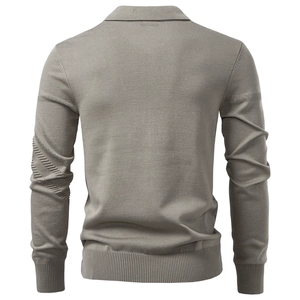 Rear view of grey men's business polo knitwear showing ribbed cuffs and fine texture