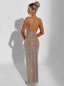 Elegant champagne sequin backless maxi dress featuring a sleek cut-out design and slim fit
