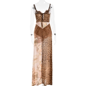 Detail of leopard print and floral chiffon patchwork with delicate lace trim on dress