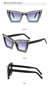 Three views of cat-eye sunglasses with rhinestone and pearl embellishments on black frames