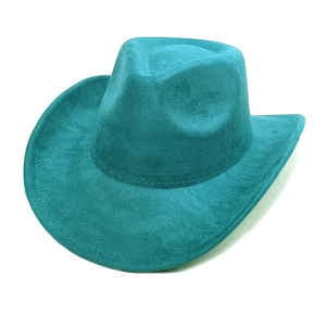 Detailed close-up showing the soft suede texture of a teal blue wide brim cowboy hat