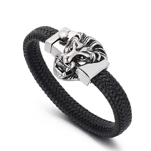 Bracelet Homme En Cuir Tressé Avec Boucle Tête De Lion En Acier Inoxydable Style Punk Dominant Bijoux Rétro