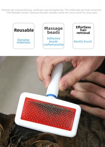 Detail of pet slicker brush featuring massage beads and efficient hair removal design