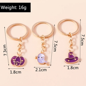 Detailed size specifications for Halloween pumpkin ghost and wizard hat enamel keychains