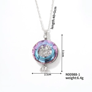 Detail showing dimensions of round purple crystal pendant with silver chain and dual figures