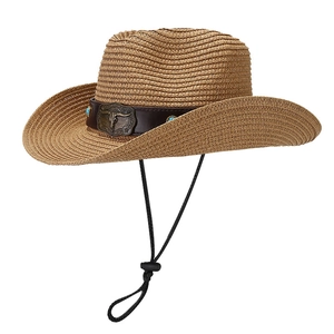 Western straw cowboy hat with vintage bull head emblem and adjustable chin strap